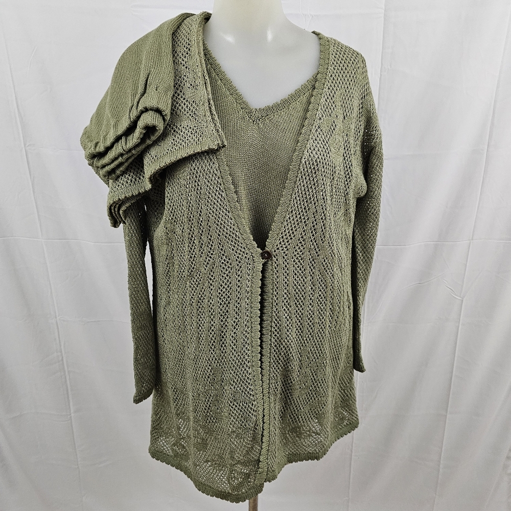 Sandy D'Andrade 3-Piece Outfit Green Open Knit Shirt Cardigan Wide Leg Pants